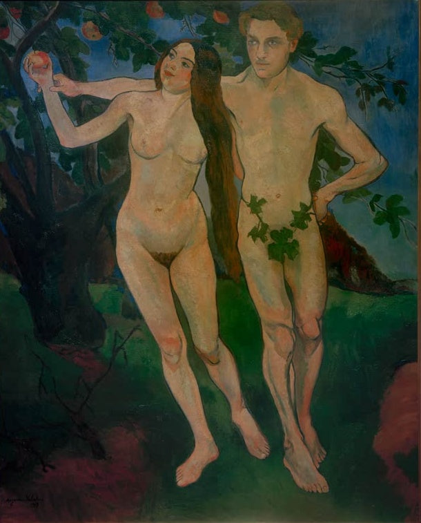 Suzanne Valadon Adam und Eva Kunstkopie, nacktes Paar unter einem Apfelbaum, Eva greift nach einem Apfel