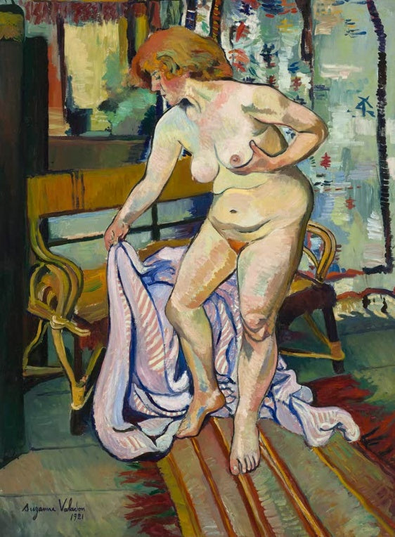 Suzanne Valadon Akt mit Tuch Kunstkopie, rothaarige Frau mit gestreiftem Tuch vor einer Korbbank in buntem Interieur