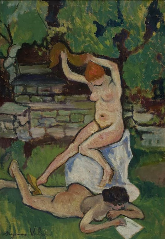 Suzanne Valadon Akte im Garten Kunstkopie, zwei nackte Frauen im Gras vor einer Steinmauer unter Bäumen