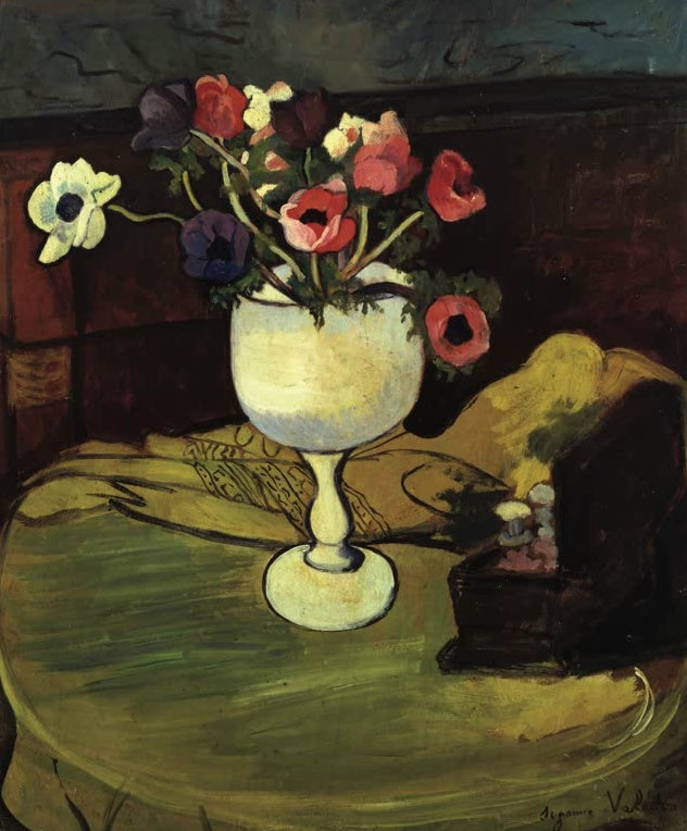 Suzanne Valadon Anemonen in einer weißen Schale Kunstkopie, bunte Anemonen in weißem Pokalgefäß auf einem grünen Tisch