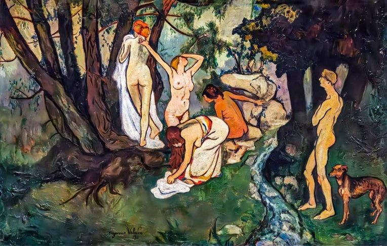Suzanne Valadon Badende im Wald Kunstkopie, Gruppe unbekleideter Figuren an einem Waldbach unter großen Bäumen