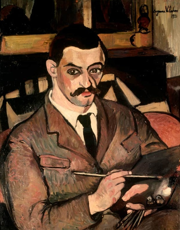 Suzanne Valadon Bildnis Maurice Utrillo Kunstkopie, Maler mit Schnurrbart, Pinsel und Palette in brauner Jacke