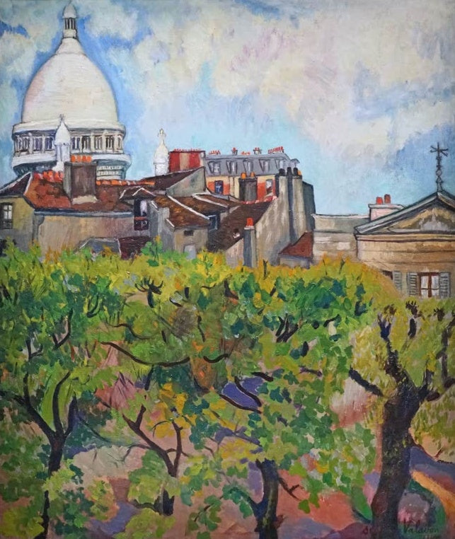 Suzanne Valadon Blick auf Sacré-Cœur über den Gärten von Montmartre Kunstkopie, Kuppel über Dächern und grünen Bäumen