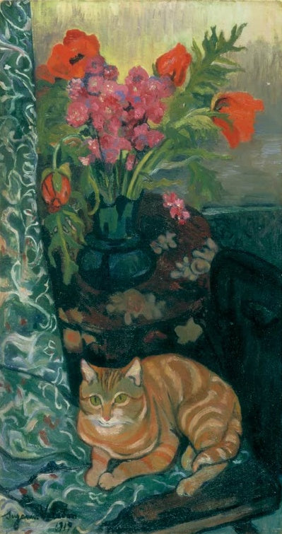 Suzanne Valadon Blumenstrauß und Katze Kunstkopie, rot getigerte Katze vor einem Strauß aus Mohn und rosa Blüten