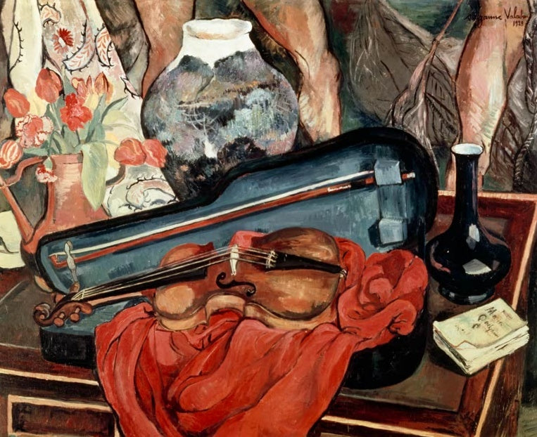 Suzanne Valadon Der Geigenkasten Kunstkopie, Stillleben mit Violine, rotem Tuch, Blumenvase und Notenheft