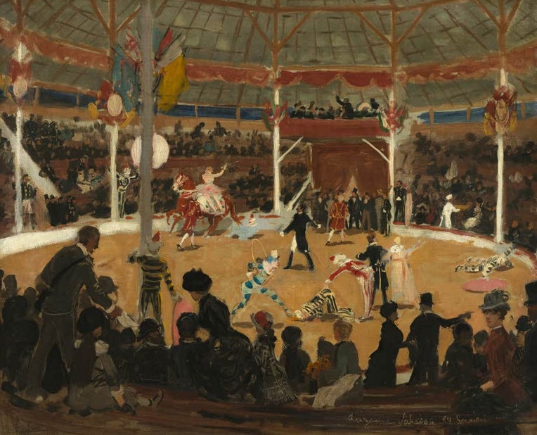 Suzanne Valadon Der Zirkus Kunstkopie, Manege mit Reiterin, Clowns und Zuschauern unter einem Zeltdach