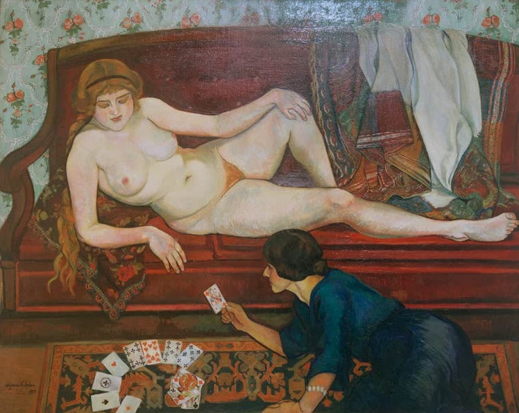 Suzanne Valadon Die enthüllte Zukunft oder Die Kartenlegerin Kunstkopie, Frau legt Karten vor einer liegenden Frau