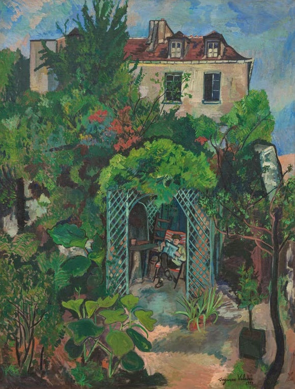 Suzanne Valadon Die Gärten der Rue Cortot Kunstkopie, grüner Garten mit Laube, Zeitungsleser und Haus mit rotem Dach