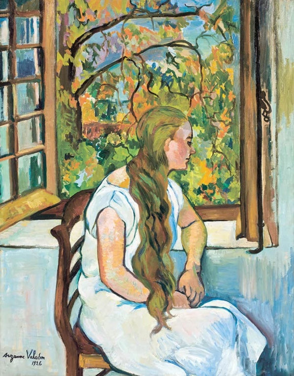 Suzanne Valadon Germaine Utter am Fenster Kunstkopie, junge Frau im weißen Kleid mit langem Haar vor offenem Fenster