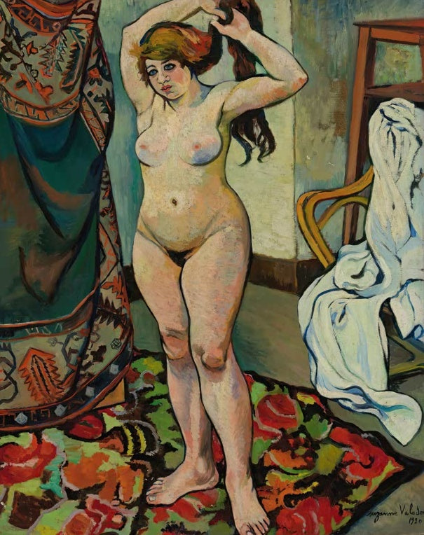 Suzanne Valadon Gilbert, sich frisierend Kunstkopie, stehender Frauenakt mit erhobenen Armen vor gemustertem Teppich