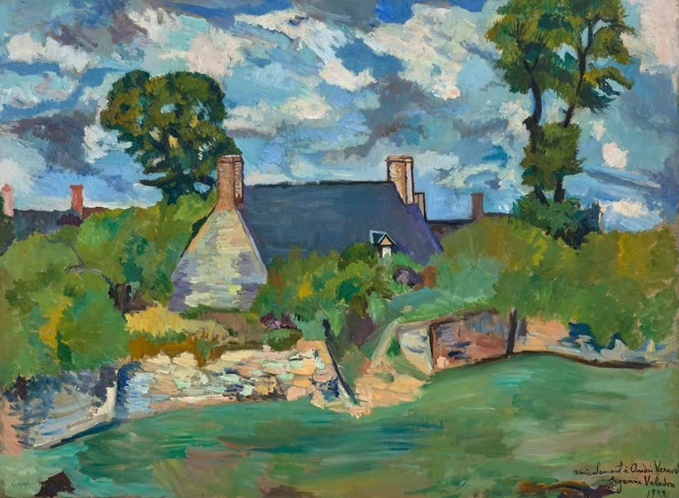 Suzanne Valadon Landschaft von Genêt Kunstkopie, Haus mit Kaminen zwischen Bäumen unter wolkigem blauem Himmel