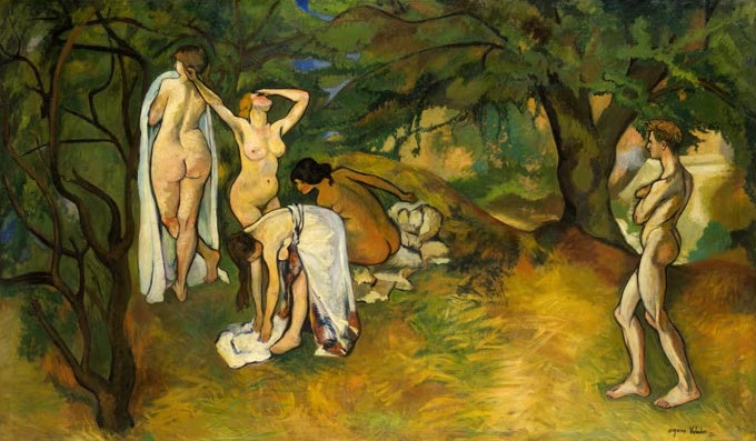 Suzanne Valadon Lebensfreude Kunstkopie, nackte Frauen und ein Mann in einem sonnigen Wald nach dem Bad