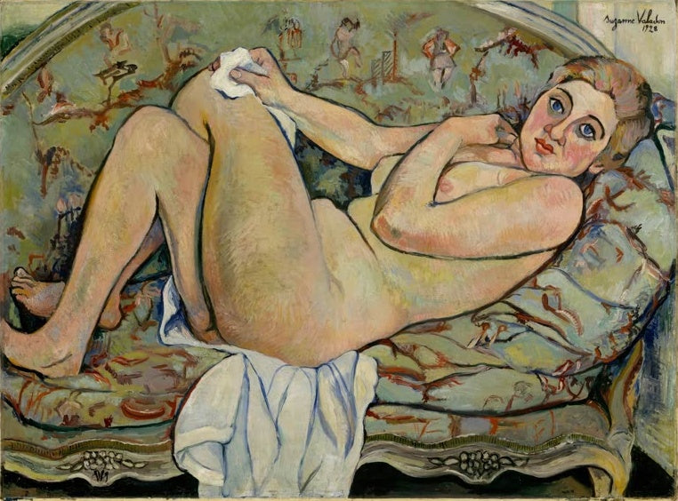 Suzanne Valadon Liegender Akt auf dem Sofa Kunstkopie, nackte Frau mit blauen Augen auf einem gemusterten Polster