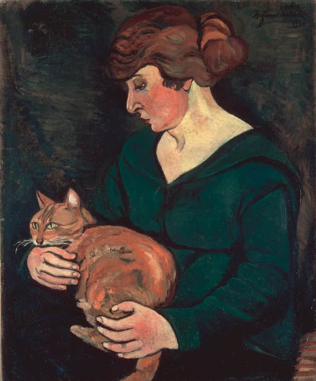 Suzanne Valadon Louison und Raminov Kunstkopie, Frau in dunkelgrünem Kleid hält eine rotbraune Katze in den Armen
