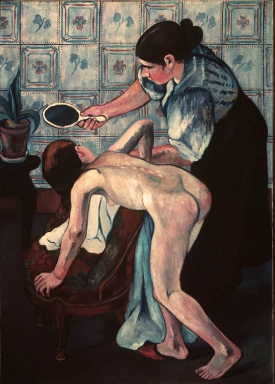Suzanne Valadon Mädchen mit Spiegel Kunstkopie, Frau mit Handspiegel vor blau gekachelter Wand und einem Sessel