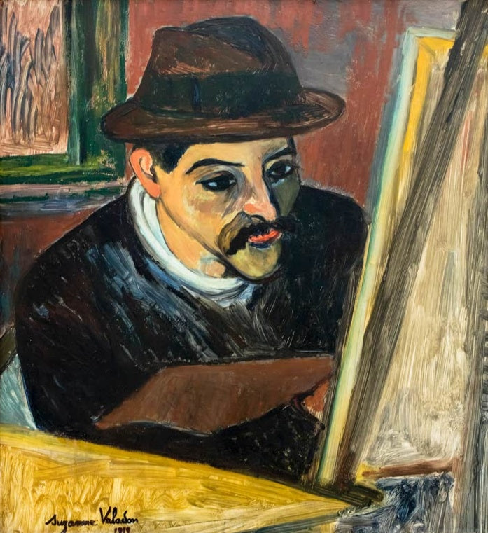 Suzanne Valadon Maurice Utrillo an der Staffelei Kunstkopie, Maler mit Hut und Schnurrbart vor Leinwand und Palette