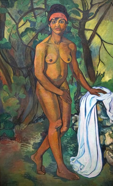 Suzanne Valadon Schwarze Venus Kunstkopie, stehender Frauenakt mit rotem Stirnband und weißem Tuch vor Bäumen