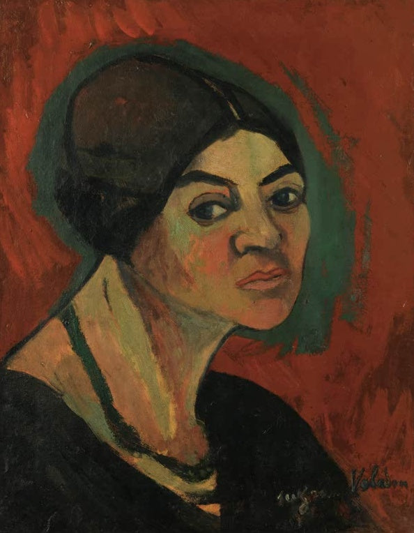 Suzanne Valadon Selbstbildnis vor rotem Grund Kunstkopie, Frau mit dunklem Haarknoten vor leuchtend rotem Hintergrund