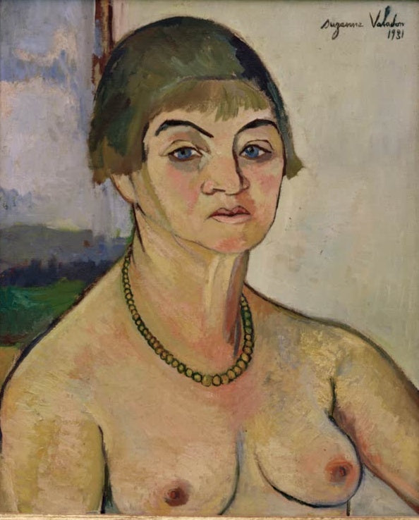 Suzanne Valadon Selbstporträt mit nackten Brüsten Kunstkopie, Malerin mit kurzem Haar und grüner Perlenkette