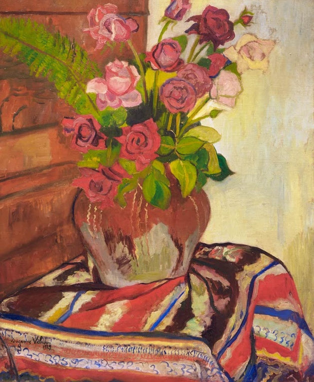 Suzanne Valadon Vase mit Blumen und orientalischem Teppich Kunstkopie, Rosen in Tonvase auf gemustertem Teppich