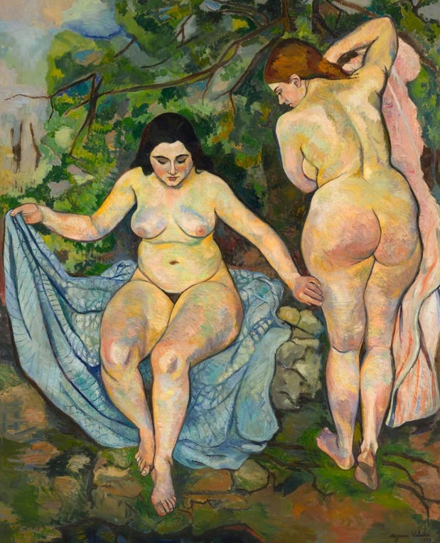 Suzanne Valadon Zwei Akte oder Das Bad Kunstkopie, zwei weibliche Akte mit blauem Tuch an einem Bachufer im Wald