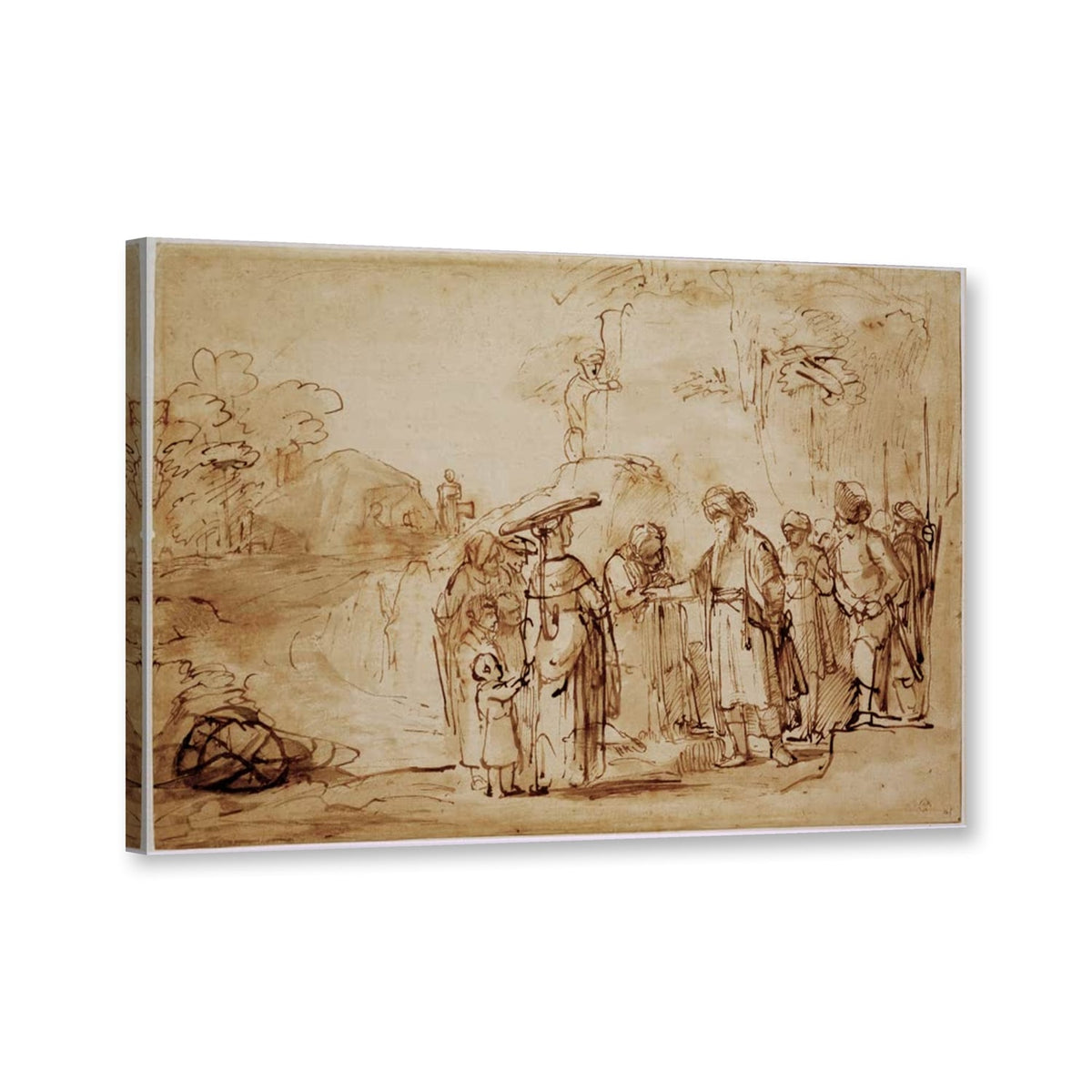 Szene aus dem Alten Testament von Rembrandt van Rijn als Leinwand – Perspektivansicht