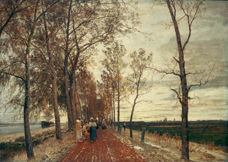 Tina Blau Allee bei Amsterdam Kunstkopie, Backsteinweg mit Spaziergängern zwischen herbstlichen Bäumen unter bewölktem Himmel