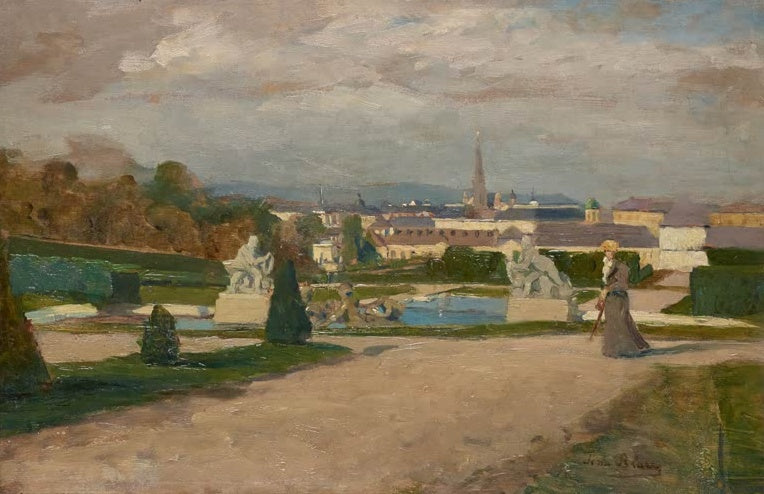Tina Blau Aus dem Belvedere Kunstkopie, Blick vom Schlossgarten mit Skulpturen und Spaziergängerin auf die Stadt Wien