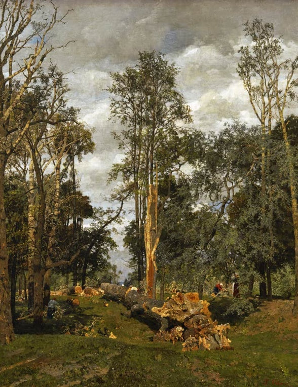 Tina Blau Gestürzte Größe Kunstkopie, gefällter Baumstamm im Laubwald mit Arbeitern unter bewölktem Himmel