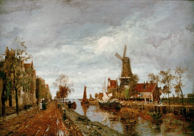 Tina Blau Kanal bei Amsterdam Kunstkopie, Windmühle und Segelboote an einem Kanal unter bewegtem Wolkenhimmel