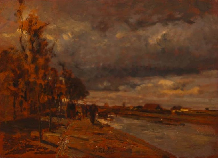 Tina Blau Kanal in Holland Kunstkopie, dunkle Wolken über einem Kanal mit herbstlichen Bäumen am Ufer und Passanten