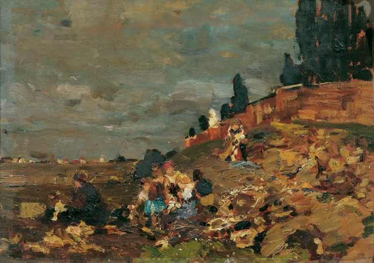 Tina Blau Kinder an der Friedhofsmauer Kunstkopie, Kindergruppe auf herbstlich gefärbtem Hang vor roter Mauer und Zypressen