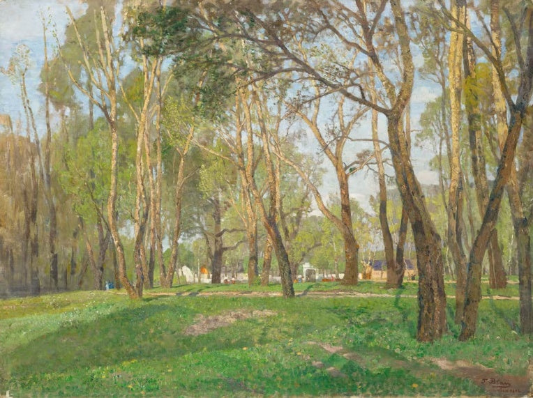 Tina Blau Krieau im Prater Kunstkopie, schlanke Frühlingsbäume mit zartem Laub über sonniger Wiese im Prater