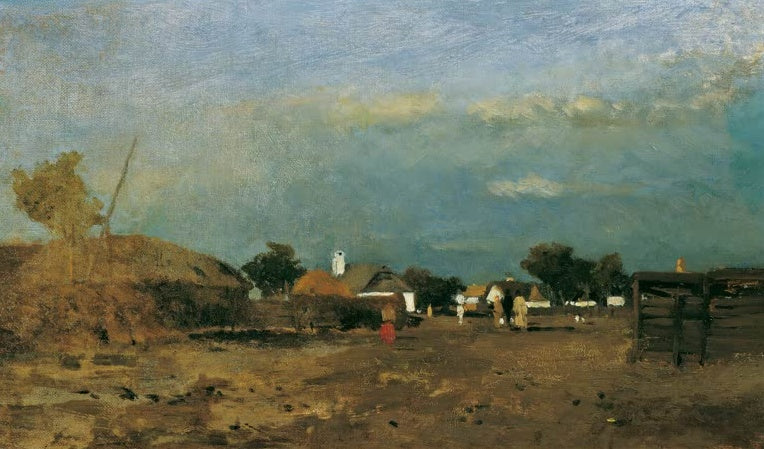 Tina Blau Landschaft in der Puszta Kunstkopie, flaches Dorf mit Strohdächern unter weitem blauem Wolkenhimmel