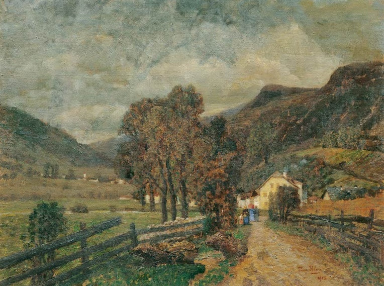 Tina Blau Oetz 1901 Kunstkopie, Tiroler Tal mit Herbstbäumen, Holzzaun und Dorfweg zwischen bewaldeten Berghängen