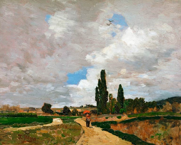 Tina Blau Sommer in Heiligenstadt Kunstkopie, Feldweg mit roter Sonnenschirmträgerin unter bewegtem Wolkenhimmel