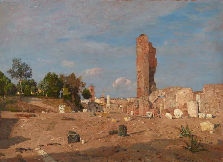 Tina Blau Spätnachmittag am Palatin Kunstkopie, rotbraune Ruinen unter blauem Himmel mit Wolken und Pinien in Rom