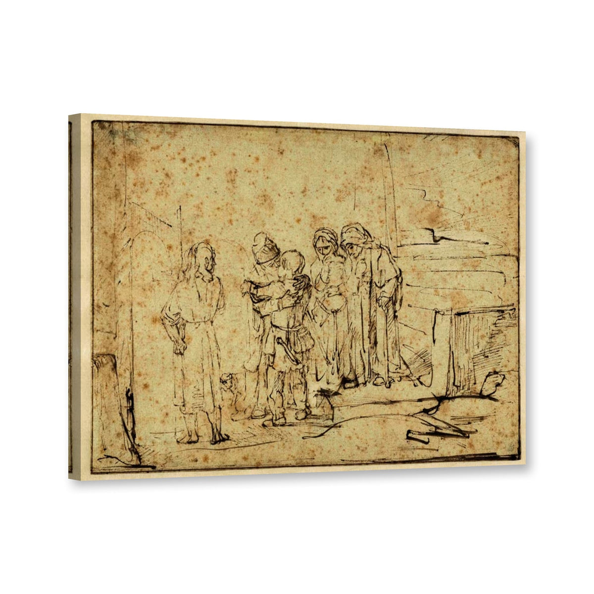 Tobias und der Engel nehmen Abschied von Raguel von Rembrandt van Rijn als Leinwand – Perspektivansicht