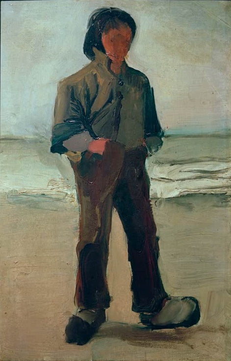 Vincent van Gogh Fischer bei Scheveningen Kunstkopie, stehender Fischer in dunkler Kleidung am Sandstrand vor dem Meer
