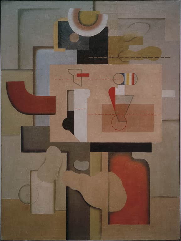 Abstrakte Komposition aus Flächen in Beige, Rot, Schwarz und Hellblau – Willi Baumeister Atelierbild I Kunstkopie
