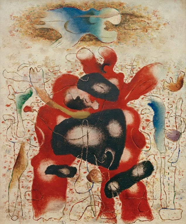 Rote Gestalt mit schwarzen, weiß gefleckten Formen auf hellem Grund – Willi Baumeister Eidos mit roter Form Kunstkopie