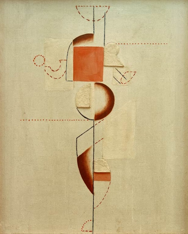 Schlanke Figur aus orangeroten Flächen und Halbkreisen – Willi Baumeister Figur mit Braun und Rosa Kunstkopie
