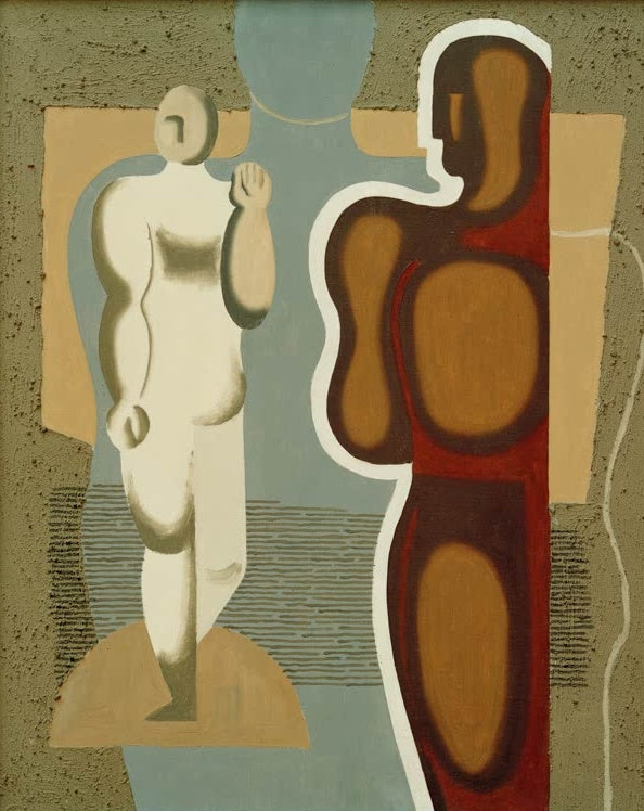 Zwei stilisierte Figuren, eine weiße und eine braunrote, auf rauem Grund – Willi Baumeister Figurenbild (Apoll) Kunstkopie