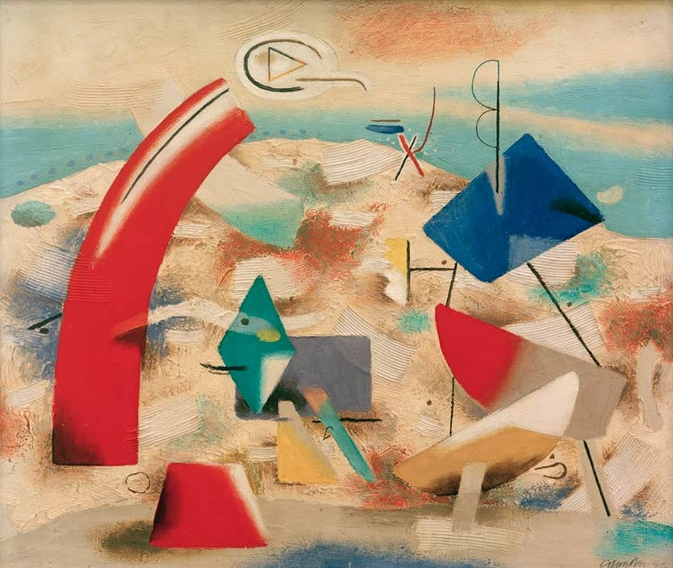 Abstrakte Landschaft mit rotem Bogen und blauem Rhombus – Willi Baumeister Heitere Landschaft IV Kunstkopie