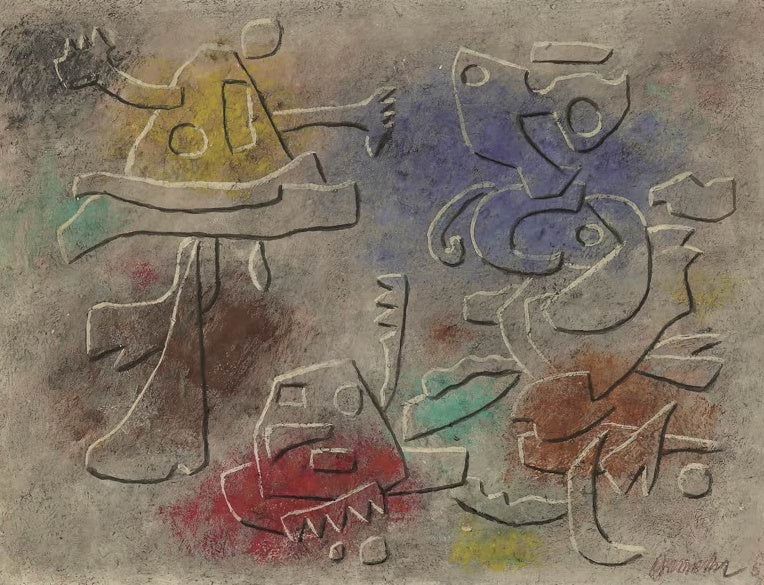 Graue Fläche mit hellen Konturfiguren und Farbfeldern in Gelb, Blau, Rot – Willi Baumeister Relief-Bild farbig Kunstkopie
