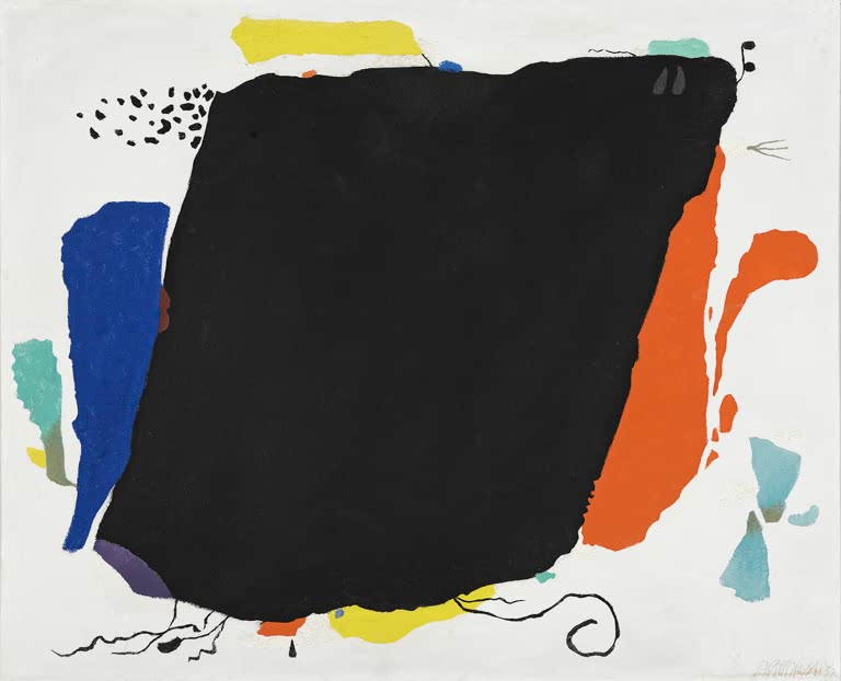 Große schwarze Fläche mit blauen, roten und gelben Farbformen auf Weiß – Willi Baumeister Schwarzes Phantom Kunstkopie