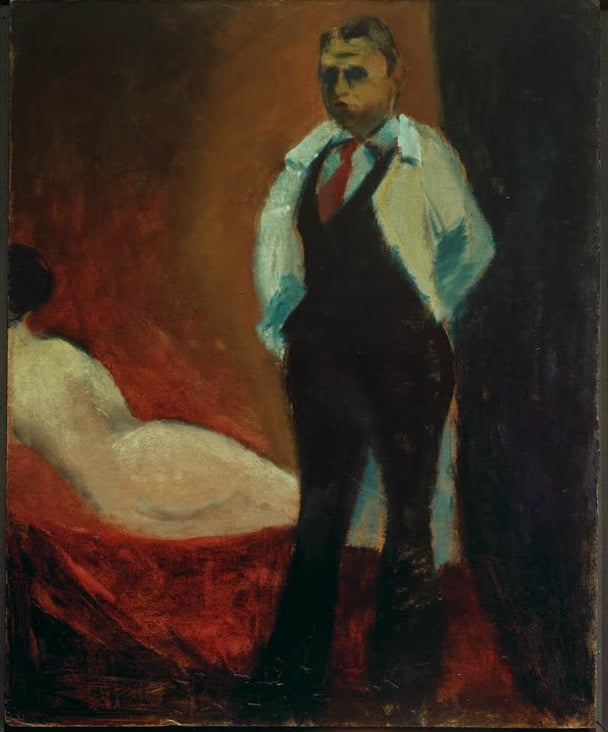 Mann in Weste und weißem Hemd neben liegendem Rückenakt – Willi Baumeister Selbstportrait im Atelier Kunstkopie
