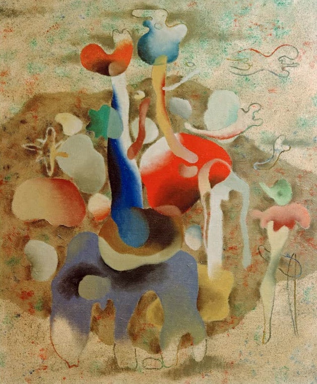 Bunte, weich verlaufende Fabelwesen in Blau, Rot und Grün – Willi Baumeister Steingarten II Kunstkopie