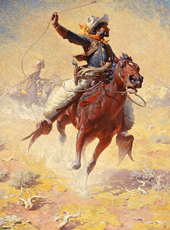 William Robinson Leigh Das Lassowerfen Kunstkopie, Cowboy mit Lasso auf galoppierendem Pferd in gelber Wüstenlandschaft