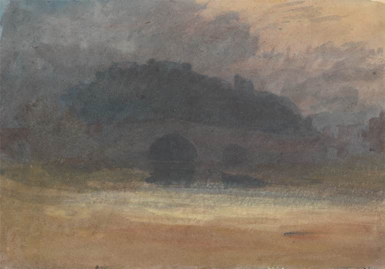 William Turner Abendlandschaft mit Schloss und Brücke in Yorkshire Kunstkopie, dunkle Burg und Brücke vor Abendhimmel